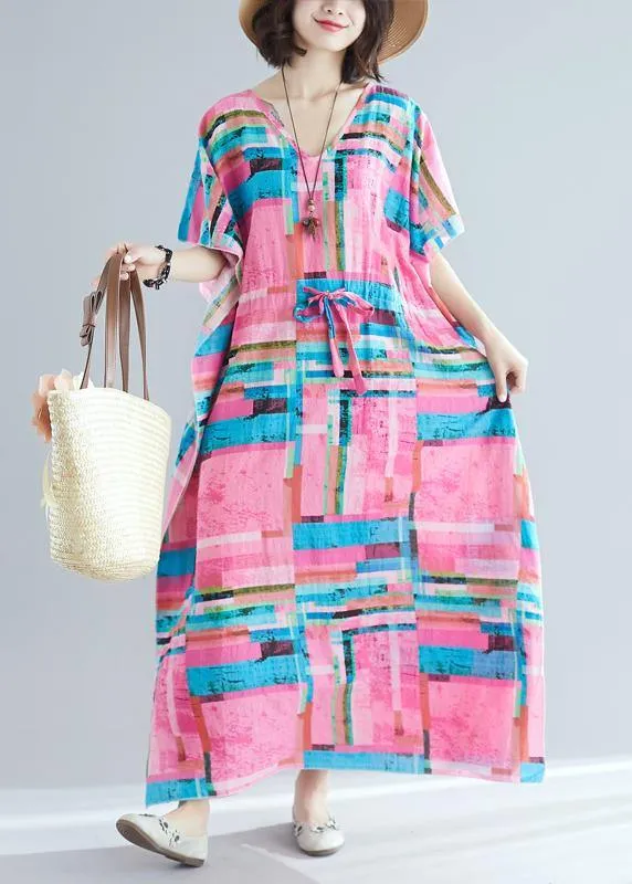 100% pink print Tunics v neck drawstring long summer Dresses