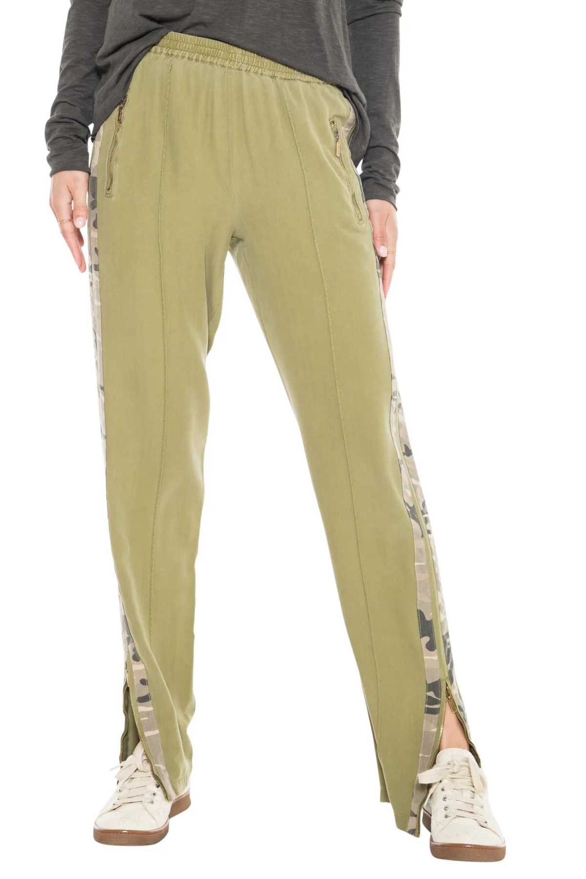 100% Silk pants with side tapes in Olive Branch