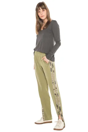 100% Silk pants with side tapes in Olive Branch