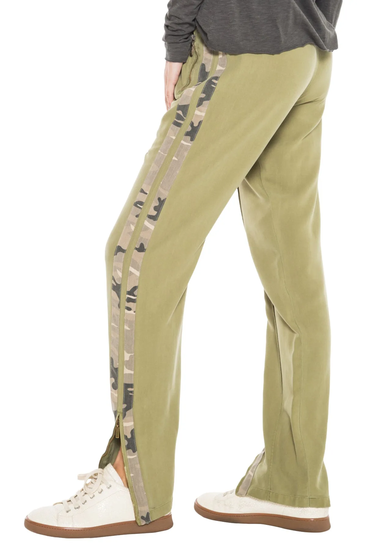 100% Silk pants with side tapes in Olive Branch