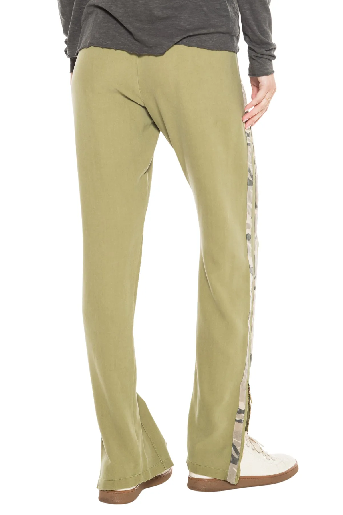 100% Silk pants with side tapes in Olive Branch