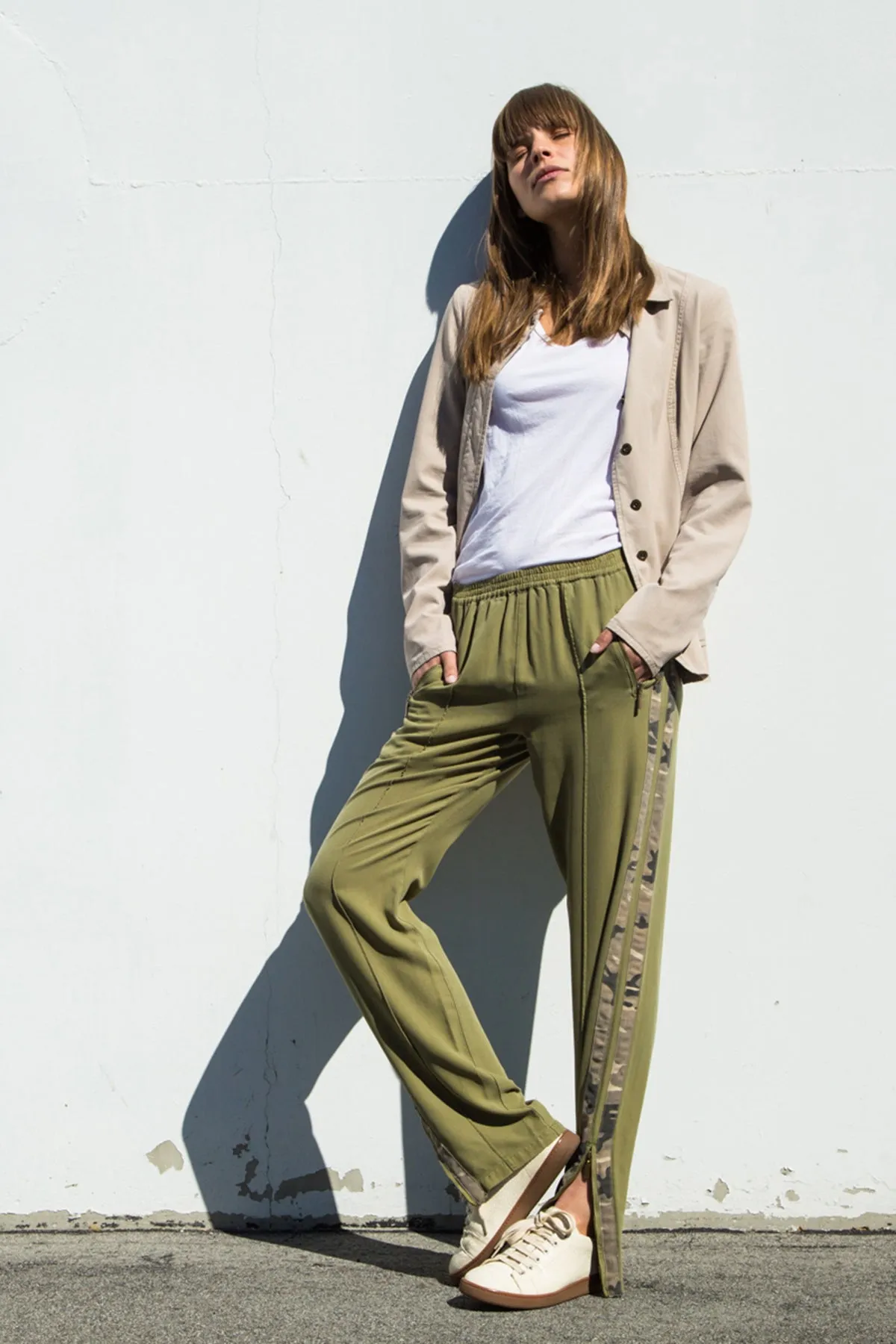 100% Silk pants with side tapes in Olive Branch