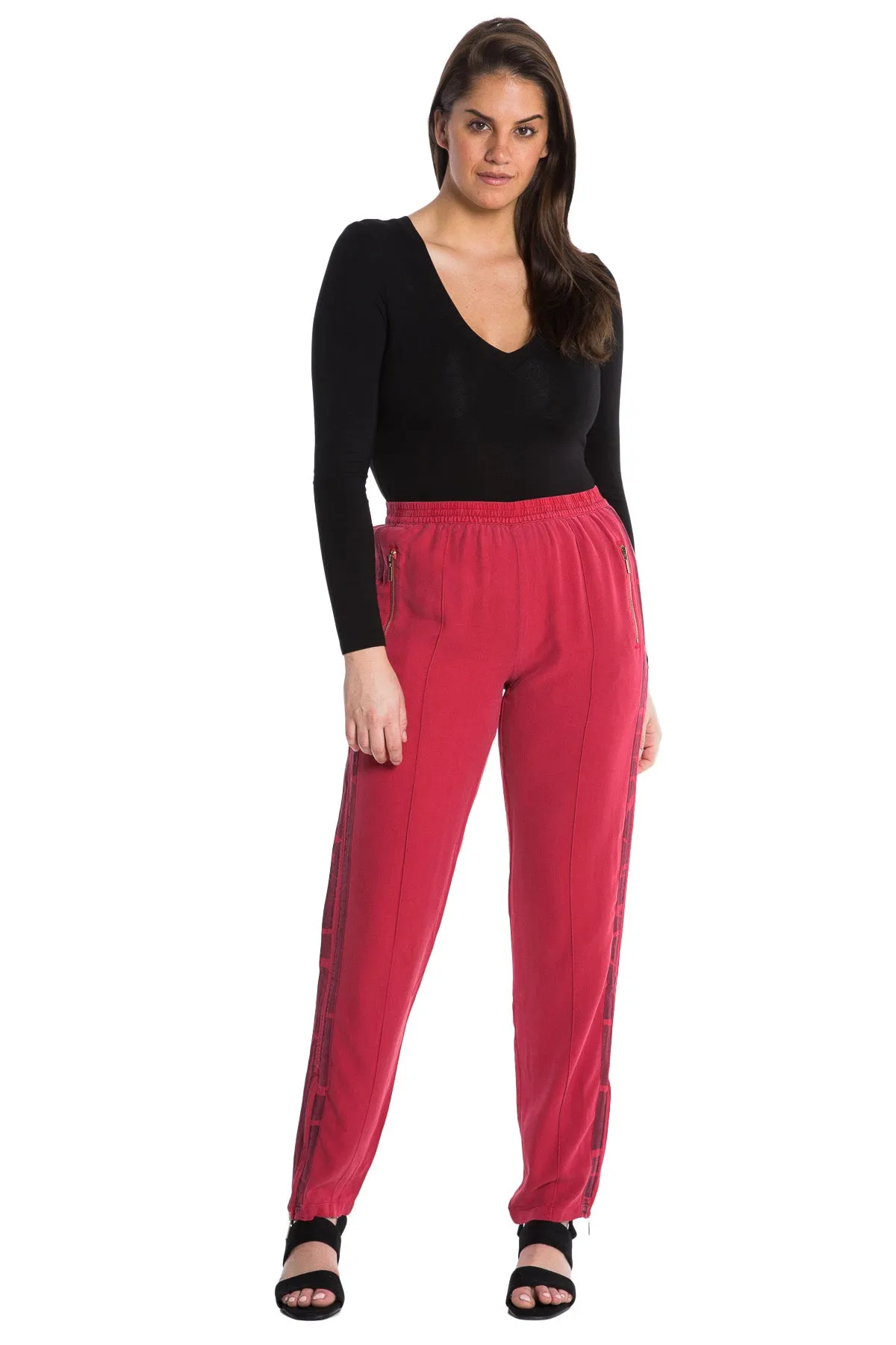 100% Silk pants with side tapes in Red