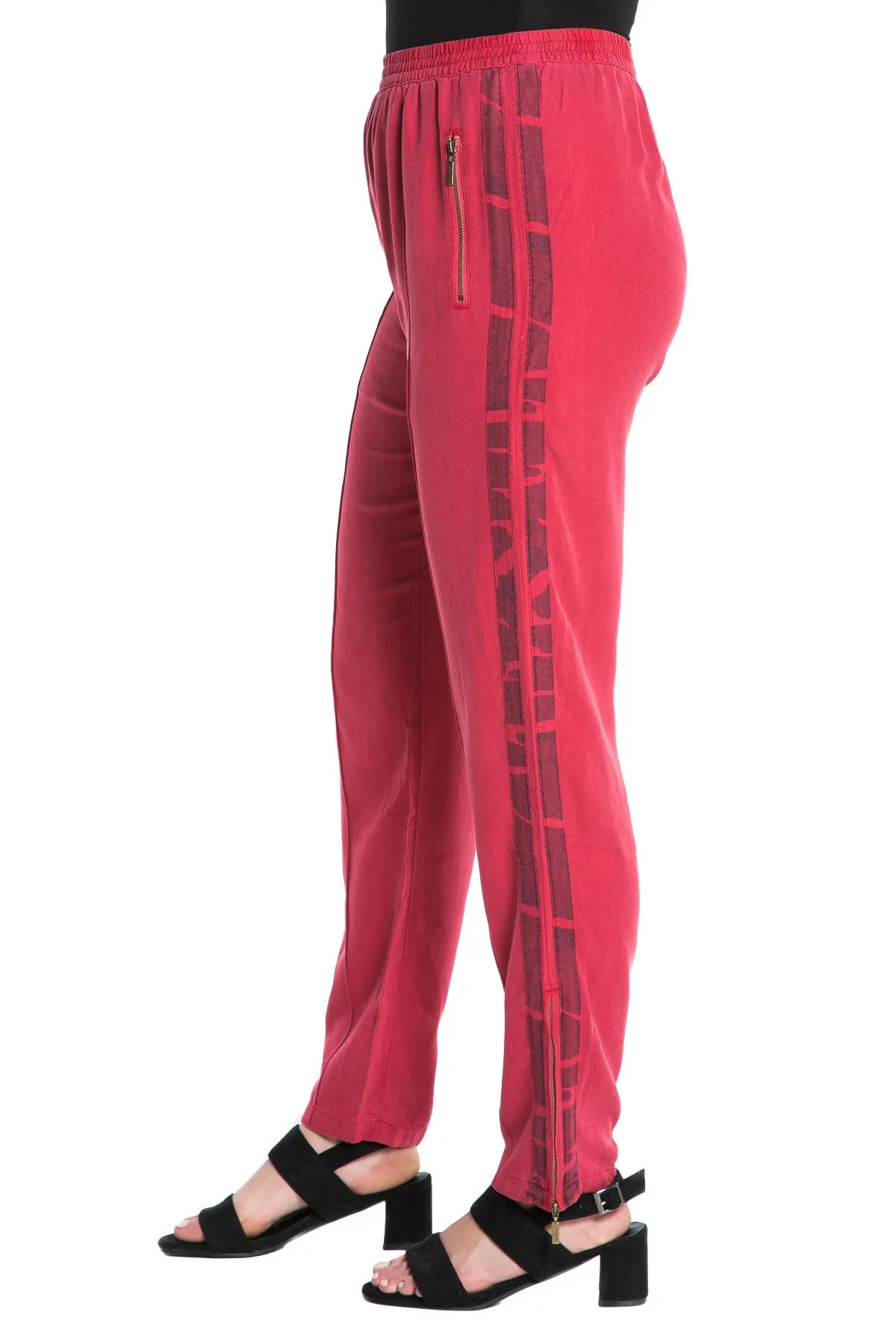 100% Silk pants with side tapes in Red