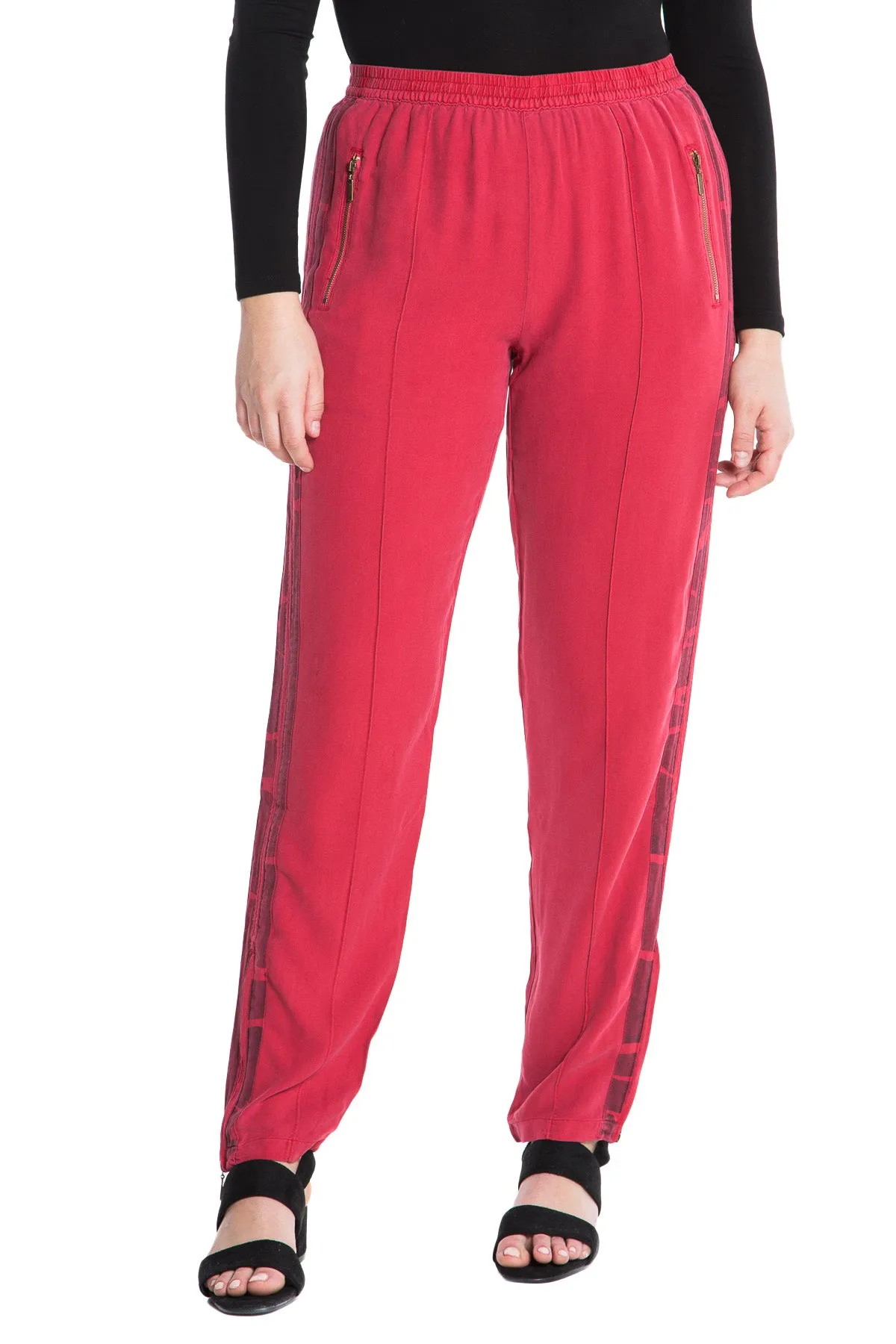 100% Silk pants with side tapes in Red