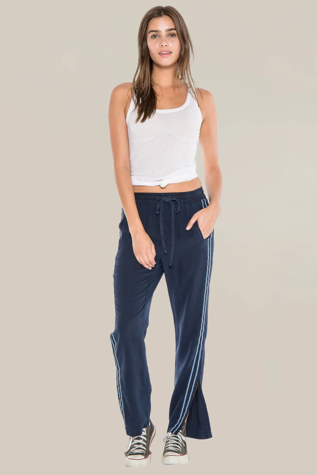 100% Silk relaxed pants with side tapes in Navy