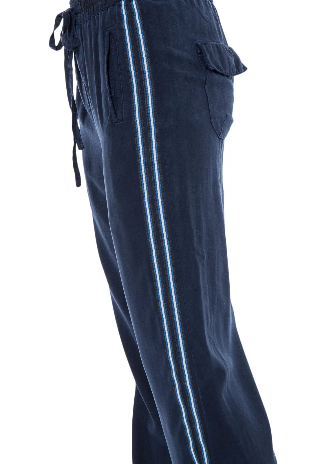 100% Silk relaxed pants with side tapes in Navy