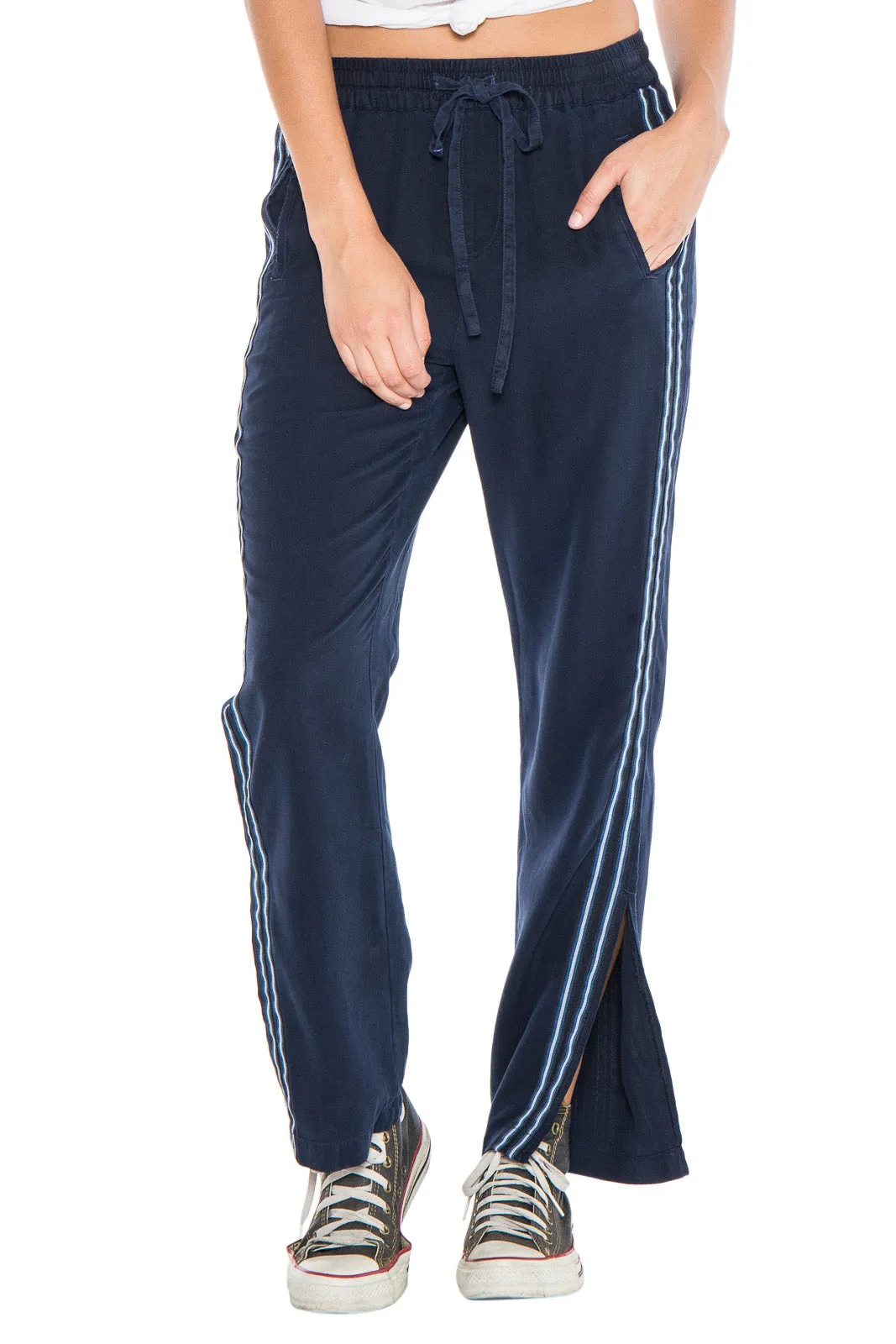 100% Silk relaxed pants with side tapes in Navy