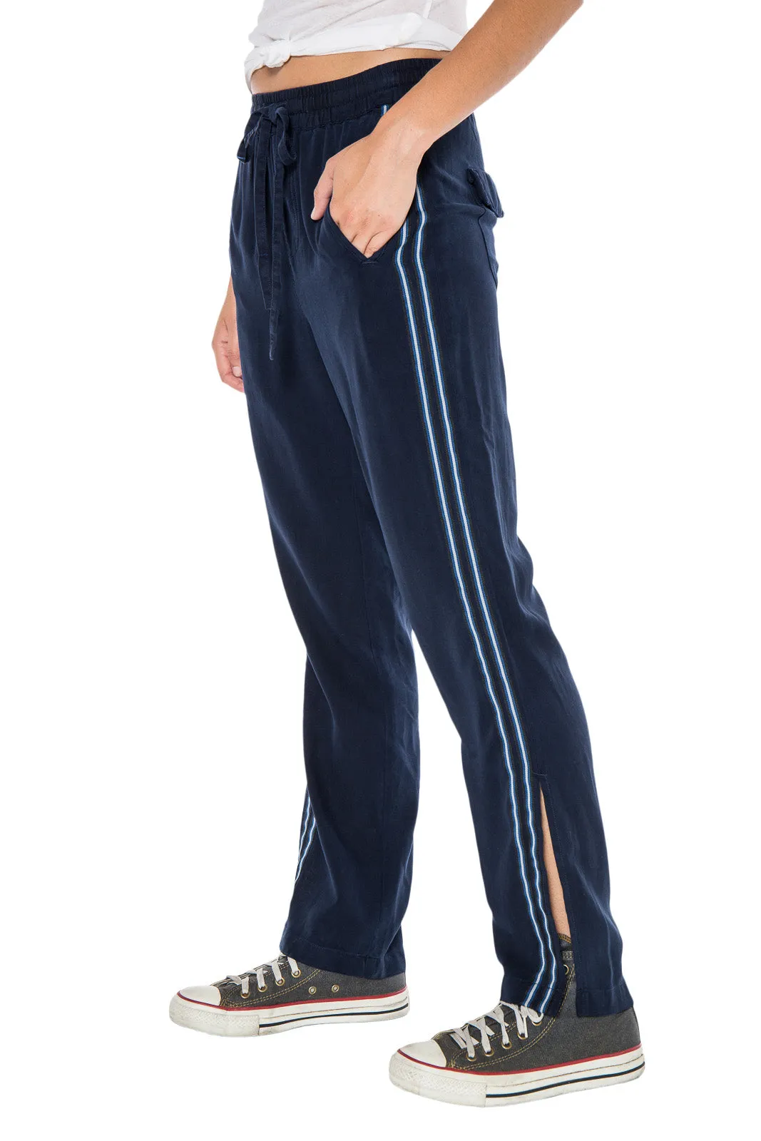 100% Silk relaxed pants with side tapes in Navy