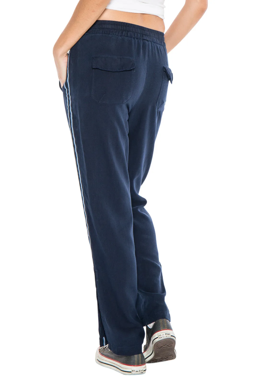 100% Silk relaxed pants with side tapes in Navy