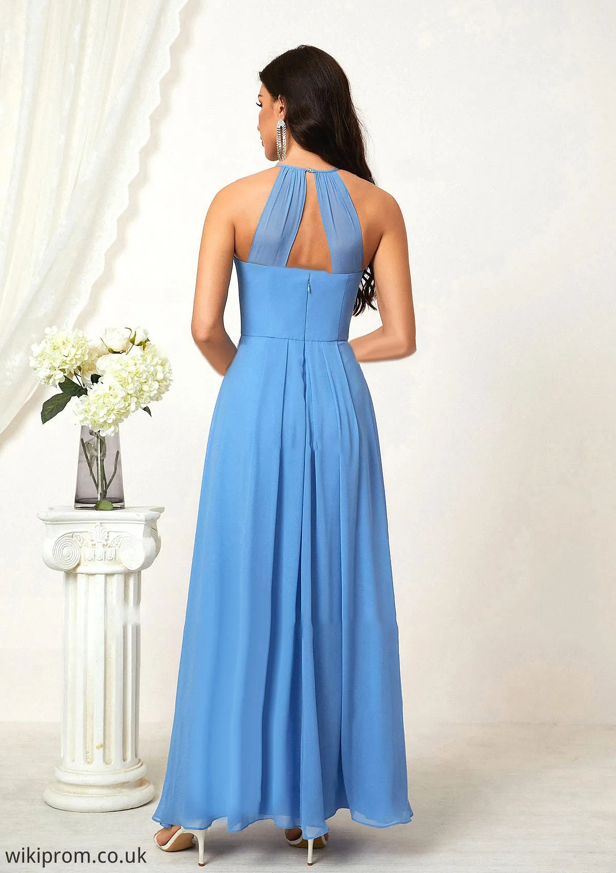 A-line Empire Halter Sleeveless Chiffon Long/Floor-Length Bridesmaid Dresses With Ruffles Kiersten SWKP0025611