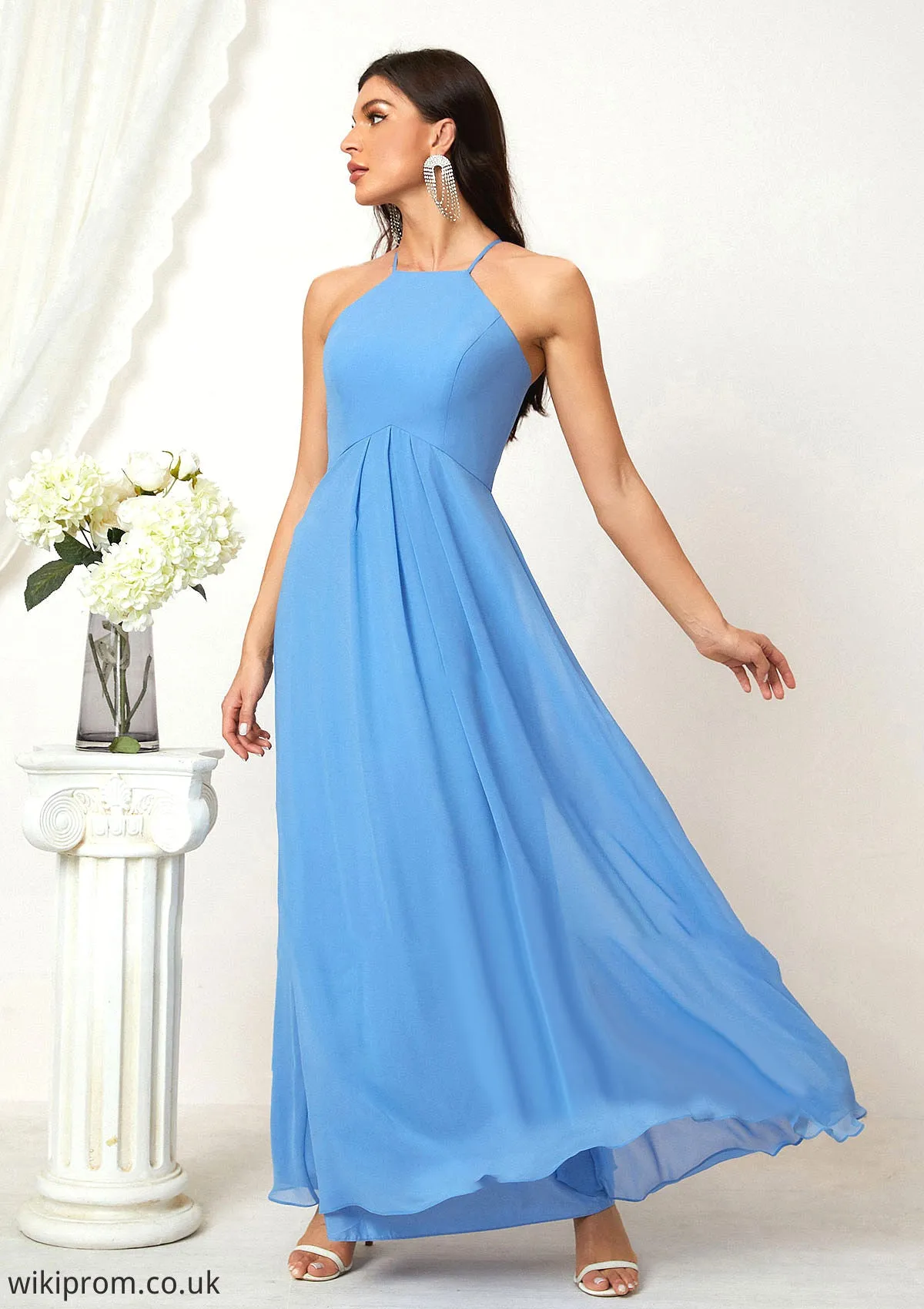 A-line Empire Halter Sleeveless Chiffon Long/Floor-Length Bridesmaid Dresses With Ruffles Kiersten SWKP0025611