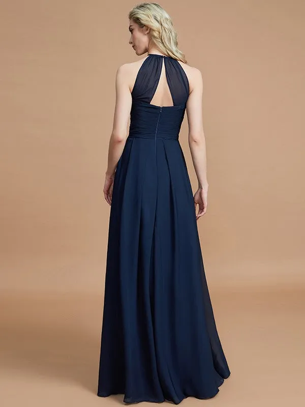 A-Line/Princess Halter Sleeveless Ruched Floor-Length Chiffon Bridesmaid Dresses