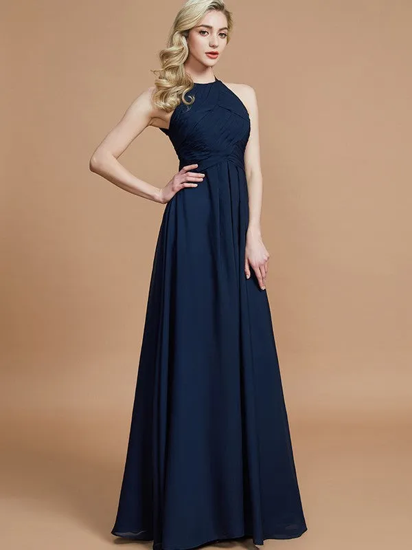 A-Line/Princess Halter Sleeveless Ruched Floor-Length Chiffon Bridesmaid Dresses