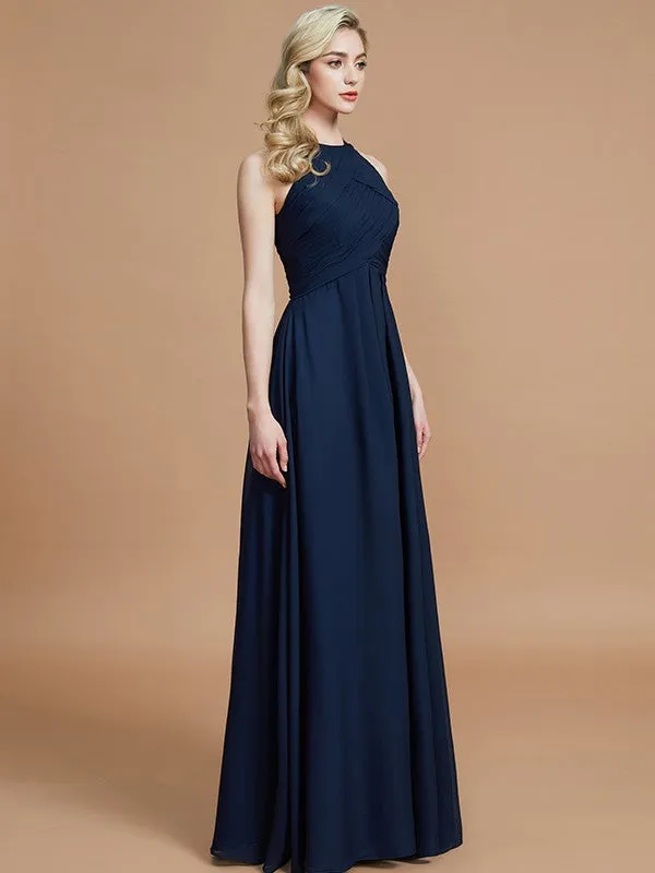 A-Line/Princess Halter Sleeveless Ruched Floor-Length Chiffon Bridesmaid Dresses