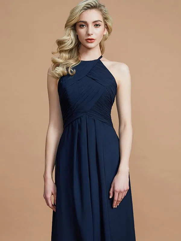 A-Line/Princess Halter Sleeveless Ruched Floor-Length Chiffon Bridesmaid Dresses