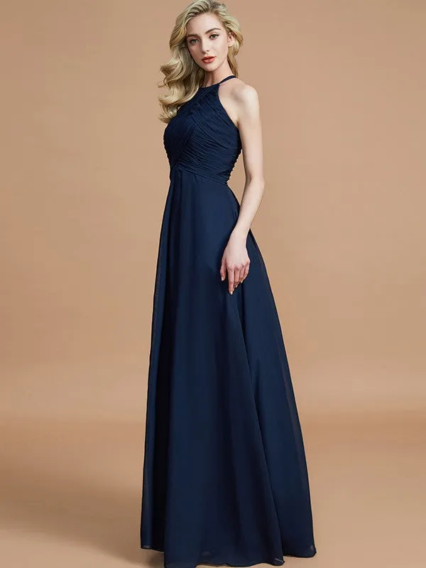 A-Line/Princess Halter Sleeveless Ruched Floor-Length Chiffon Bridesmaid Dresses