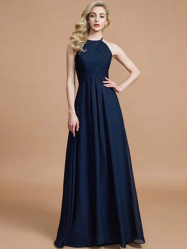 A-Line/Princess Halter Sleeveless Ruched Floor-Length Chiffon Bridesmaid Dresses