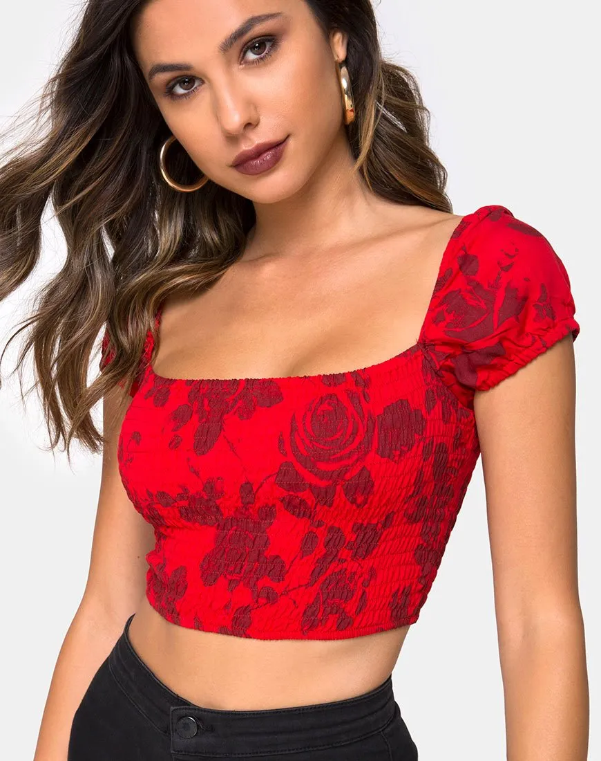 Alya Crop Top in Tonal Floral Red