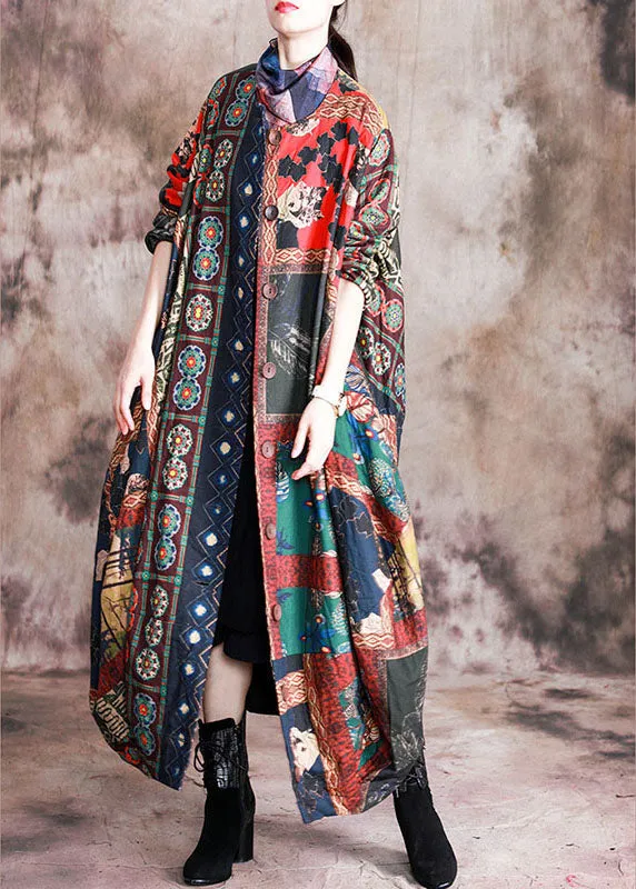 Art Red Print Button Patchwork asymmetrical design Fall Coats Long sleeve