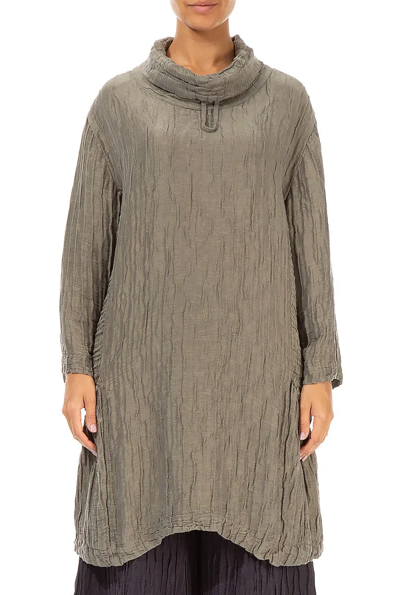 Asymmetric Cowl Neck Crinkled Silver Sage Silk Linen Tunic