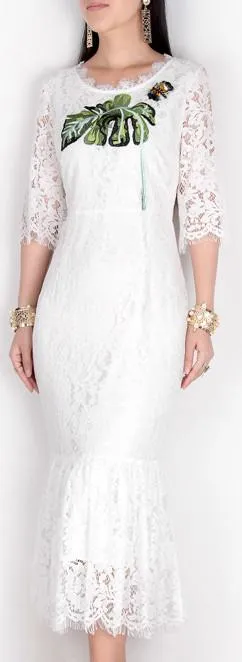 Banana-Leaf Embroidered Butterfly-Applique Lace Midi Dress-White