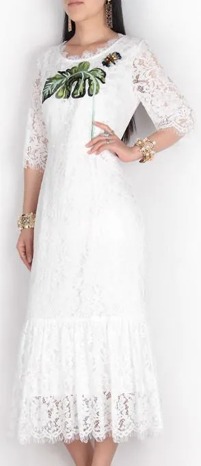 Banana-Leaf Embroidered Butterfly-Applique Lace Midi Dress-White