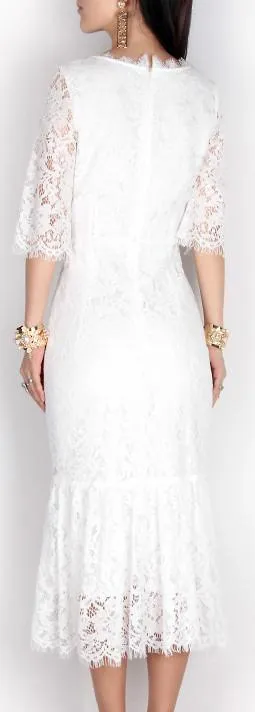 Banana-Leaf Embroidered Butterfly-Applique Lace Midi Dress-White