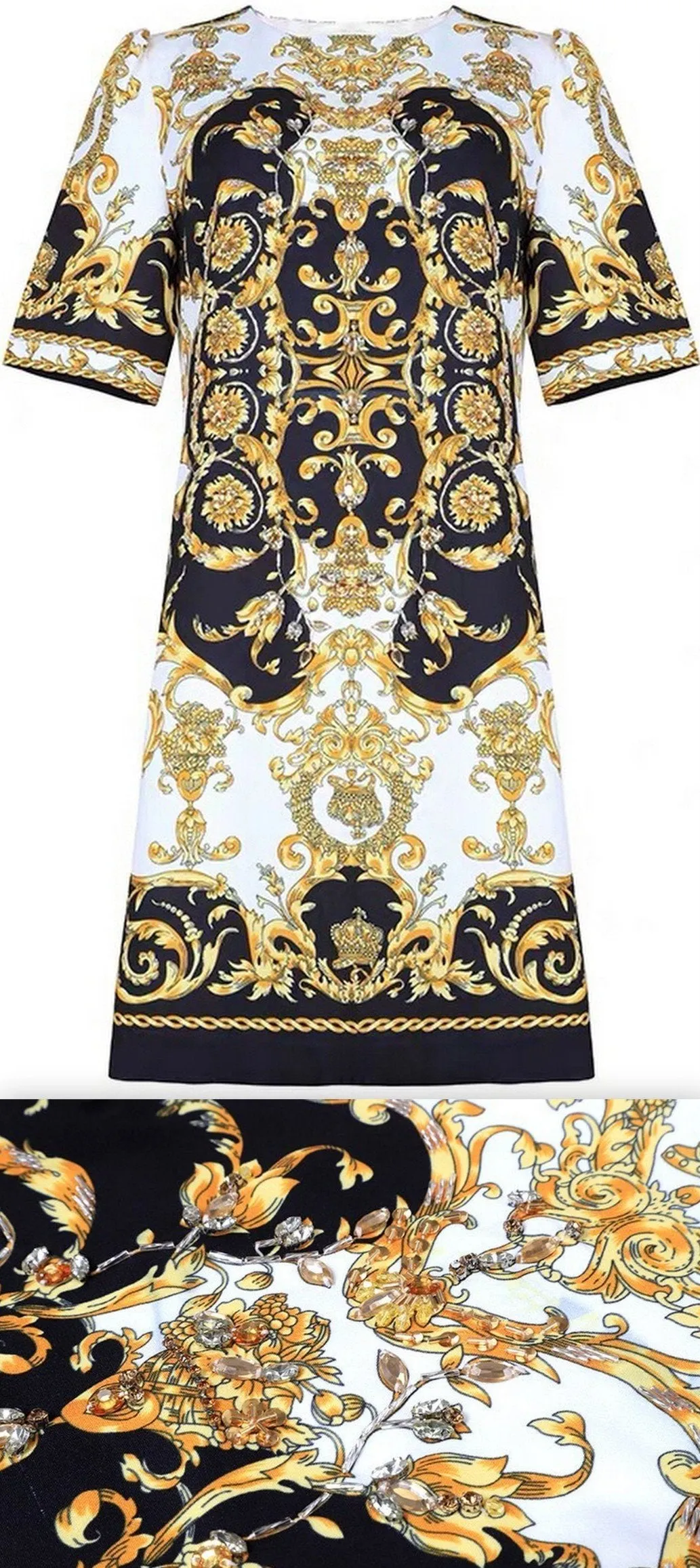 Baroque Print Embellished Mini Dress