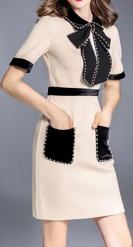 Bead-Embroidered Color-Contrast Dress