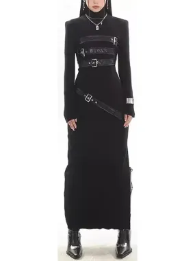 Belt-Embellished High-Neck Maxi Dress