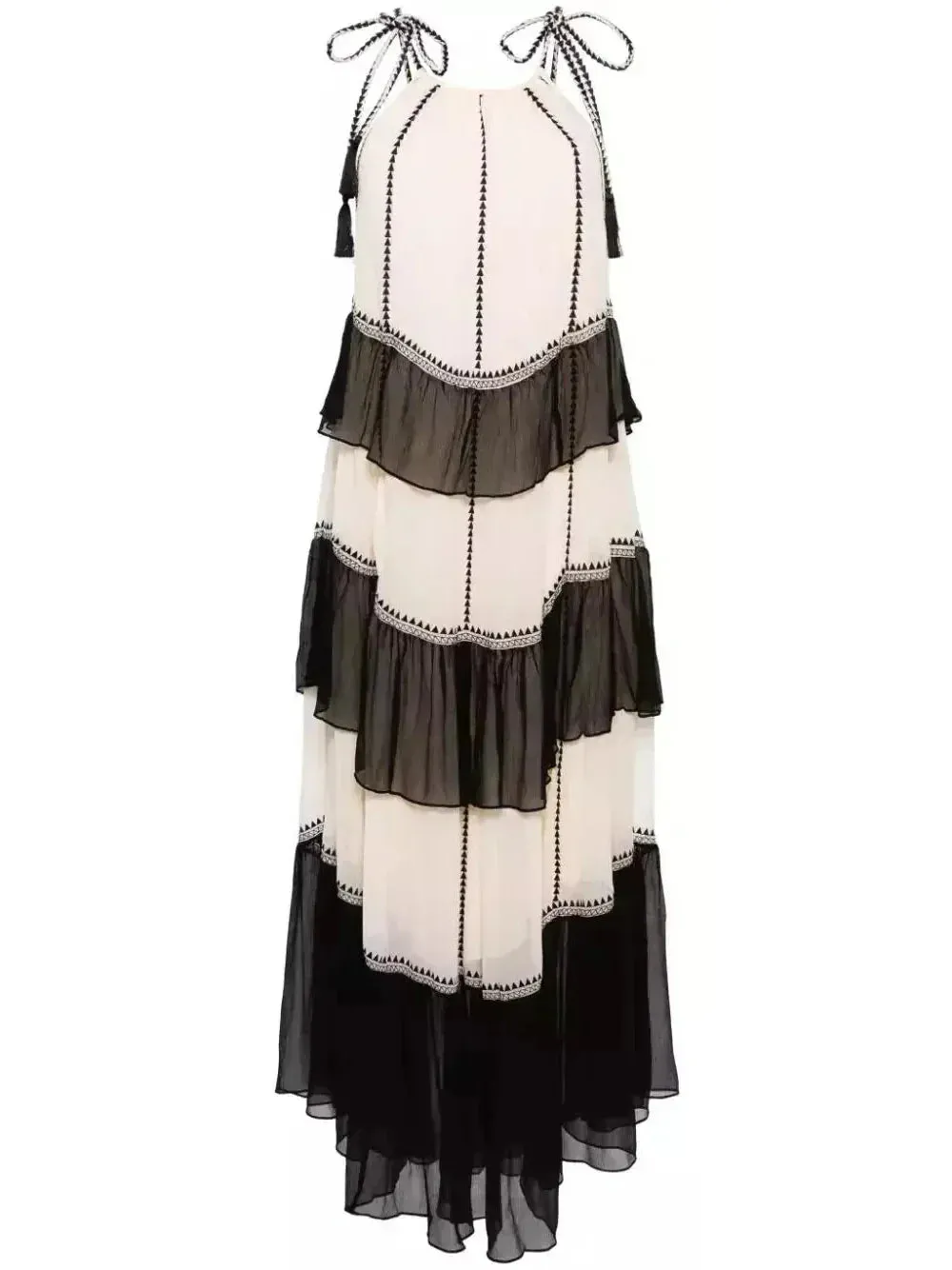 Black and White Ruffled Silk Halter-Neck Midi Dress