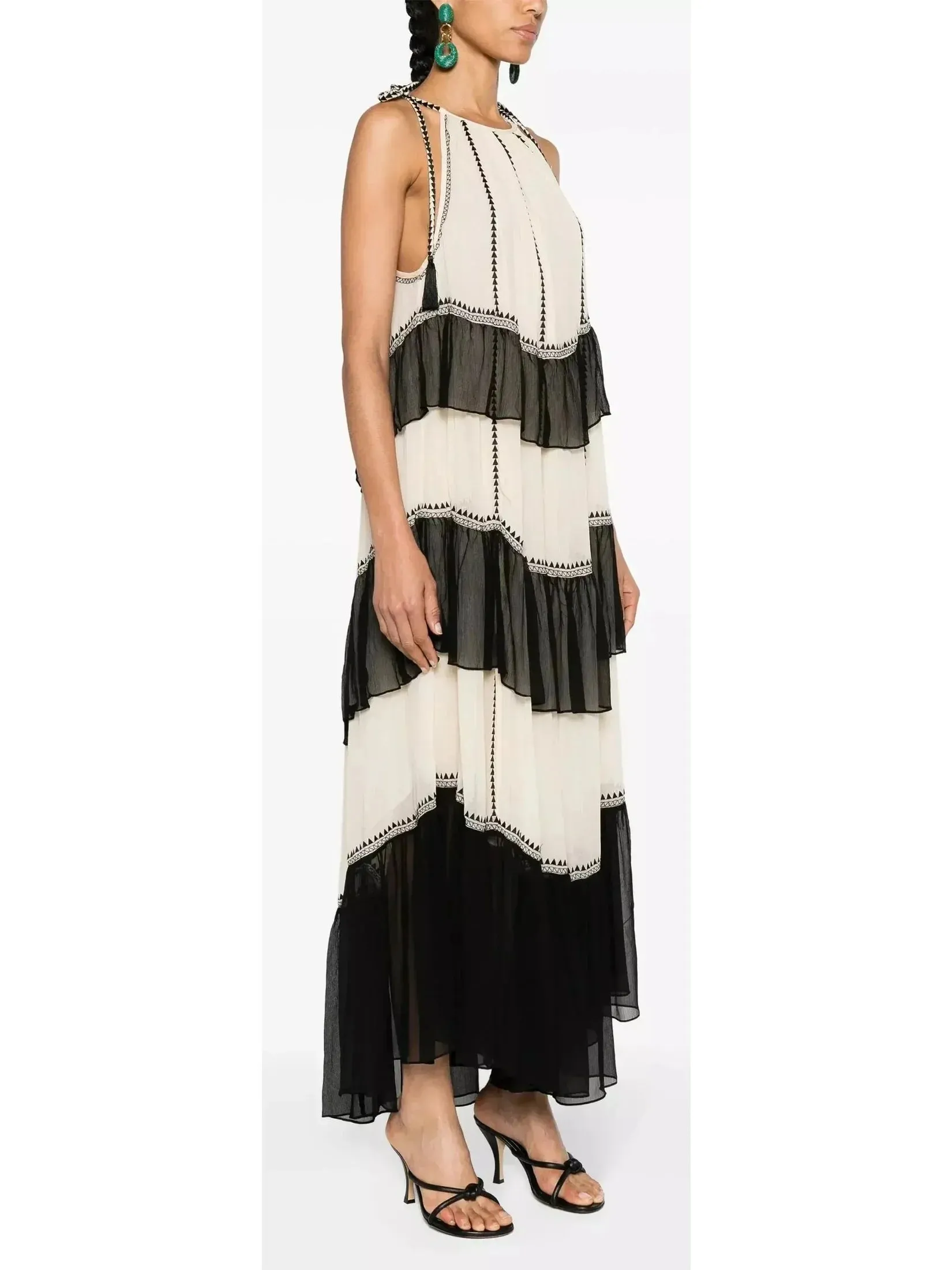 Black and White Ruffled Silk Halter-Neck Midi Dress