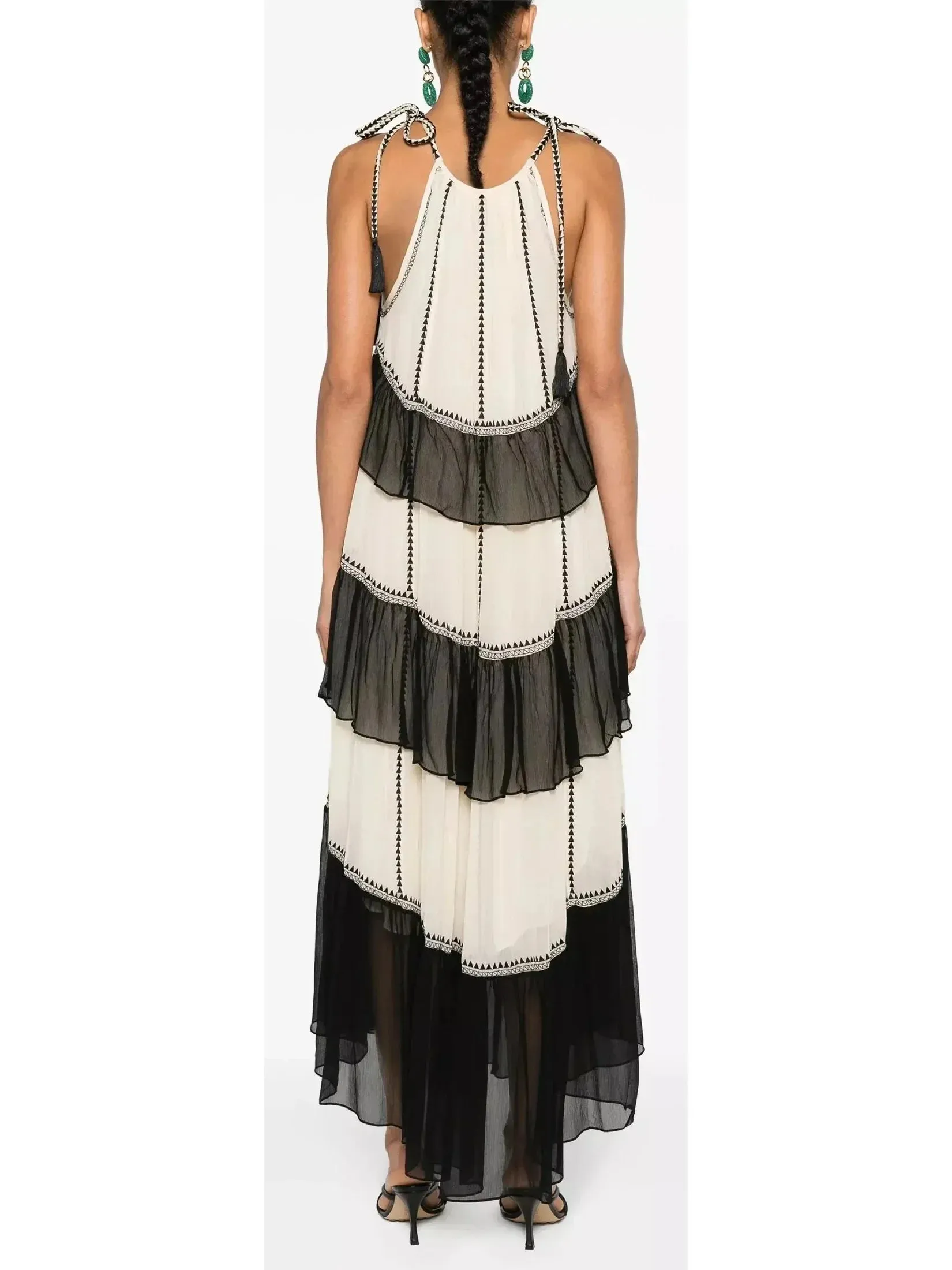 Black and White Ruffled Silk Halter-Neck Midi Dress