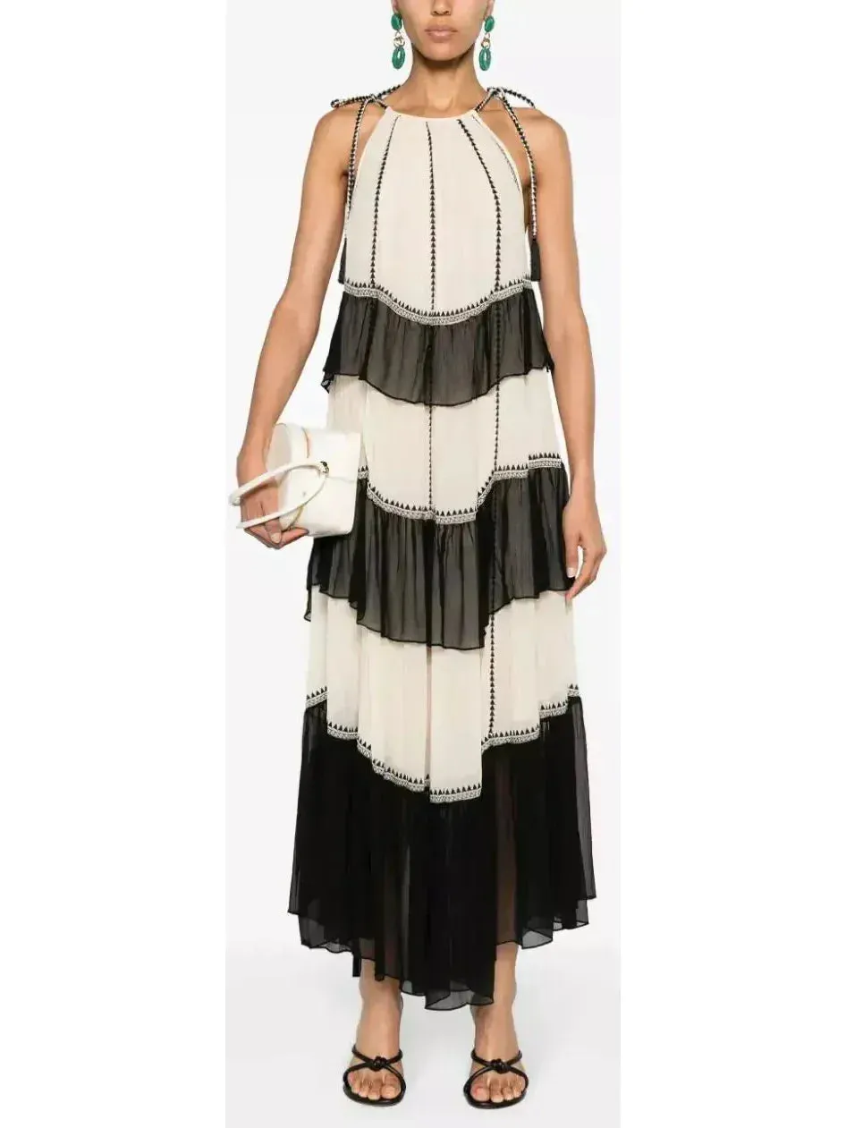 Black and White Ruffled Silk Halter-Neck Midi Dress