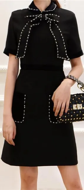 Black Bead-Embellished Dress with Bow-Tie