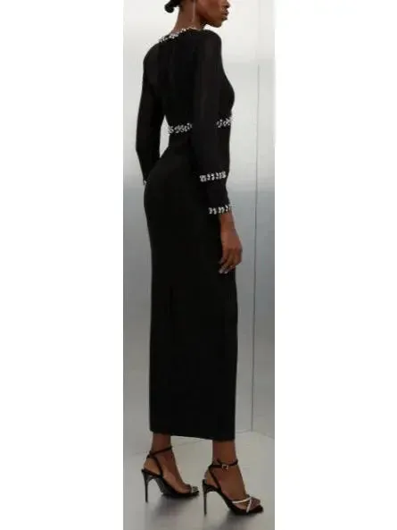 Black Fitted Crystal Embellished Long Evening Dress with Keyhole