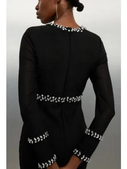 Black Fitted Crystal Embellished Long Evening Dress with Keyhole