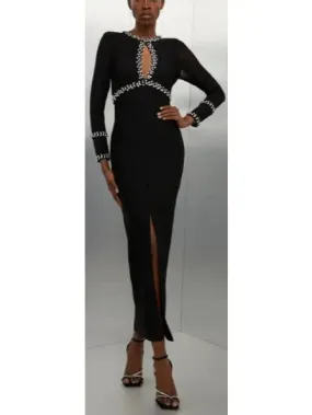 Black Fitted Crystal Embellished Long Evening Dress with Keyhole