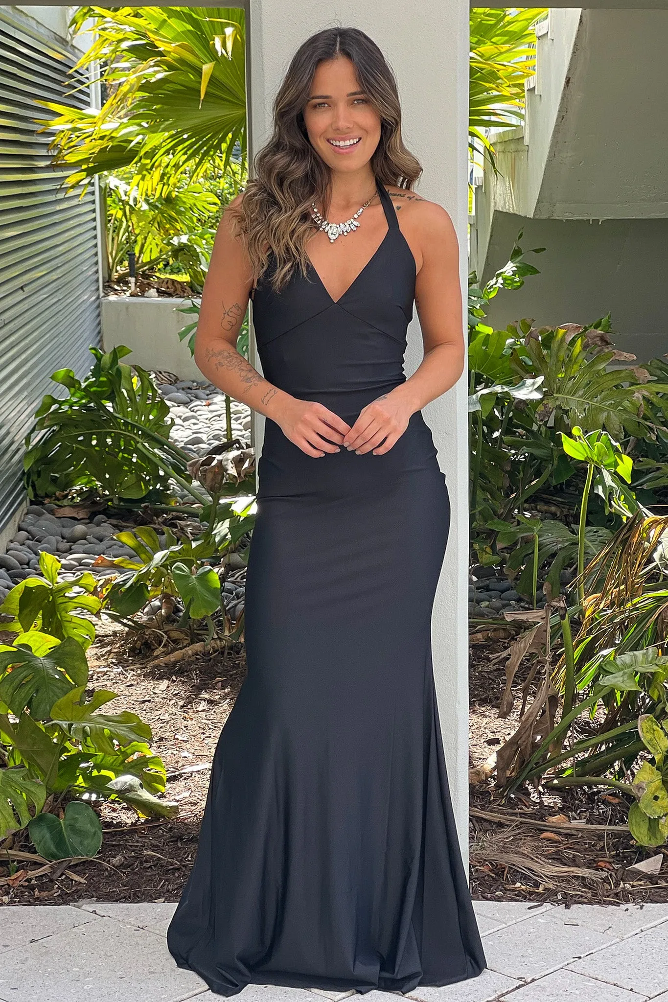 Black Halter Neck Maxi Dress With Open Back