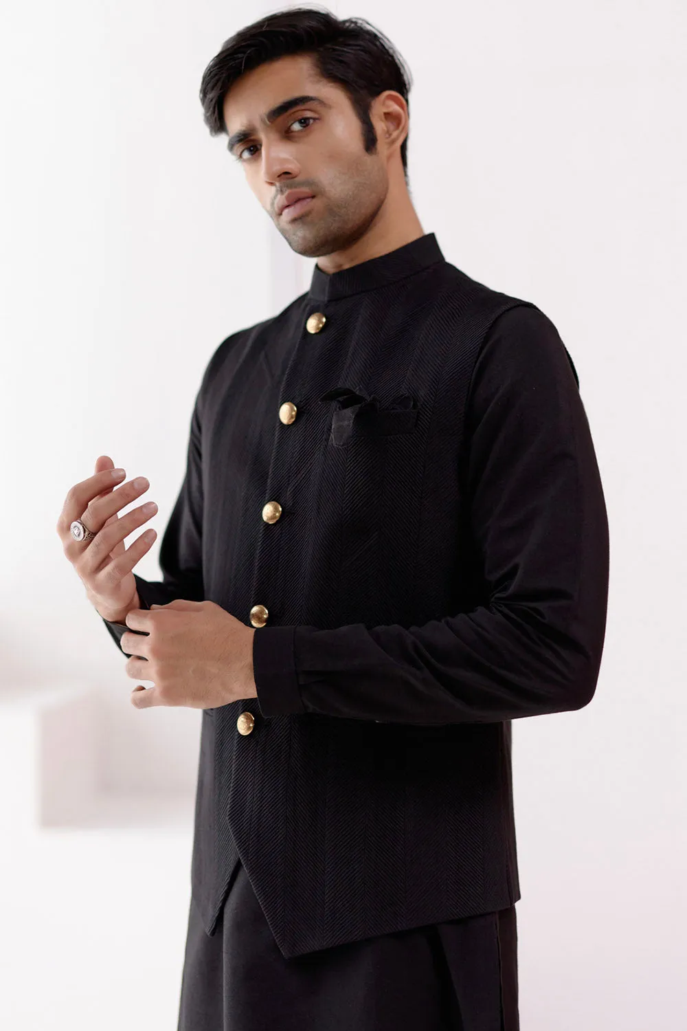 Black Kurta Set with Pin Tucks Bundi