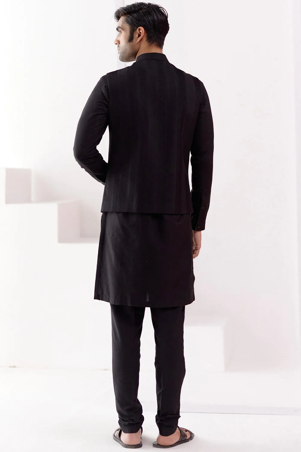 Black Kurta Set with Pin Tucks Bundi