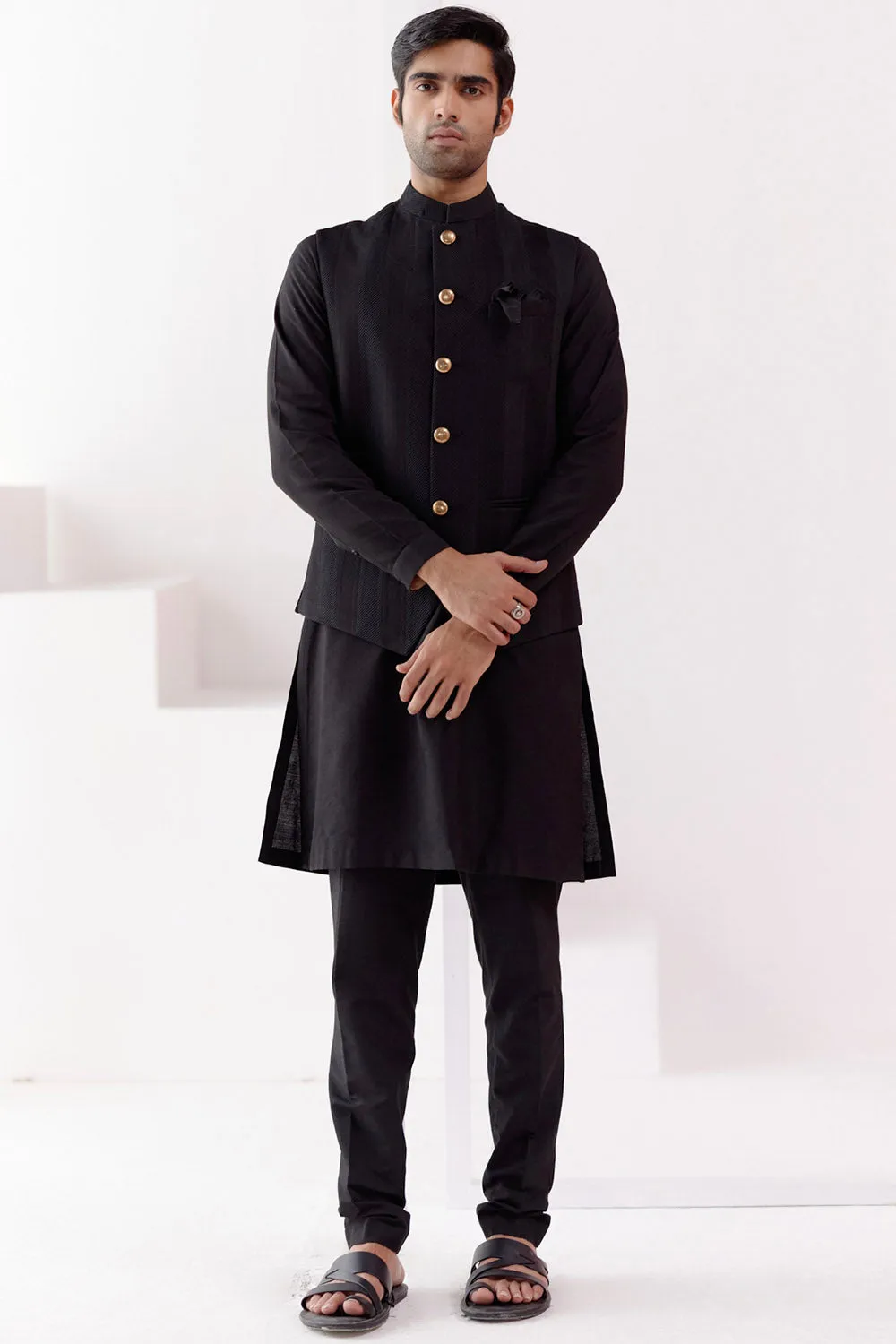 Black Kurta Set with Pin Tucks Bundi