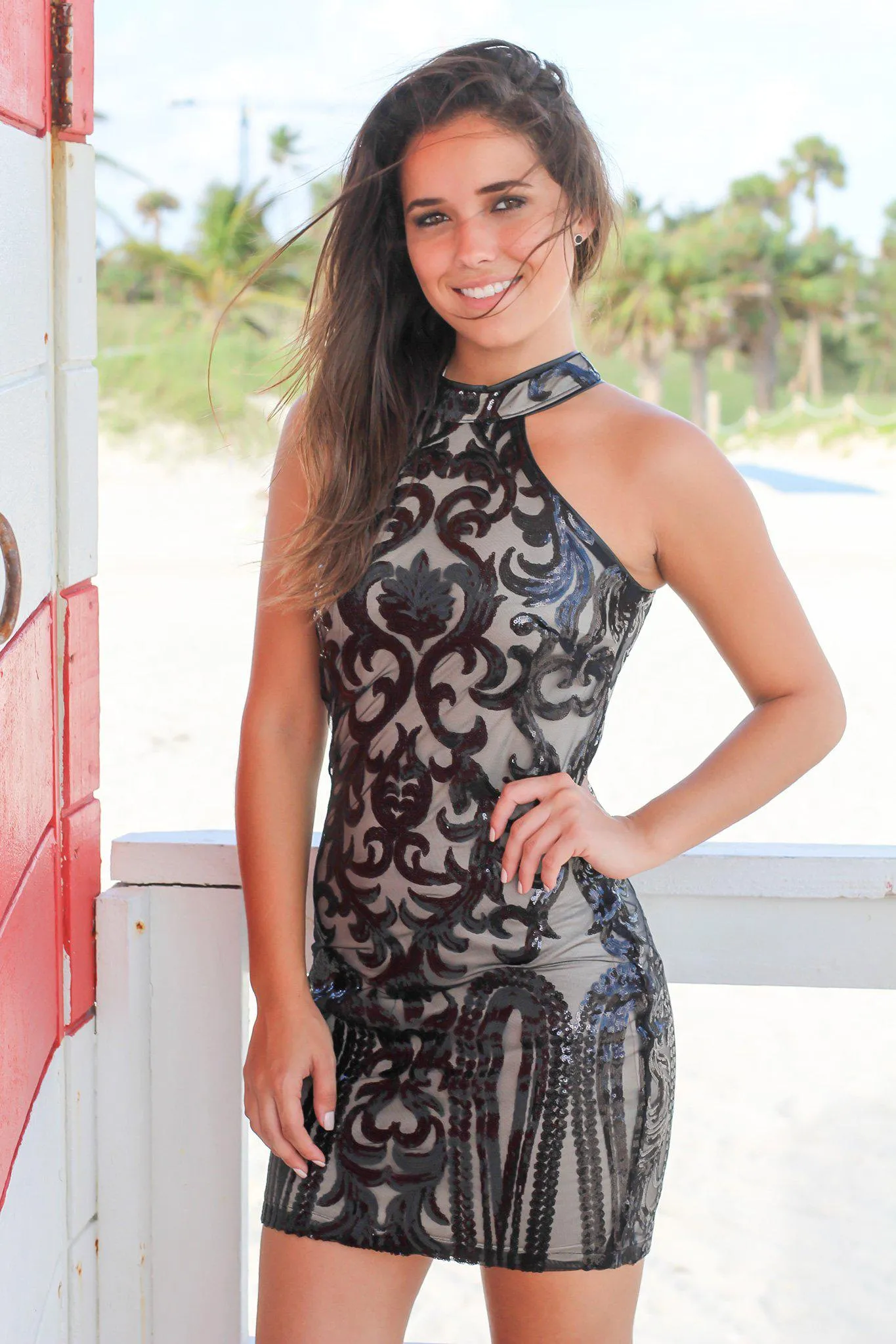 Black Sequin Halter Neck Short Dress