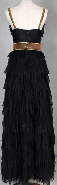 Black Tiered Lace Embellished Gown