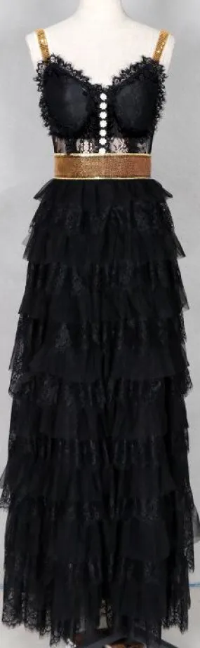 Black Tiered Lace Embellished Gown