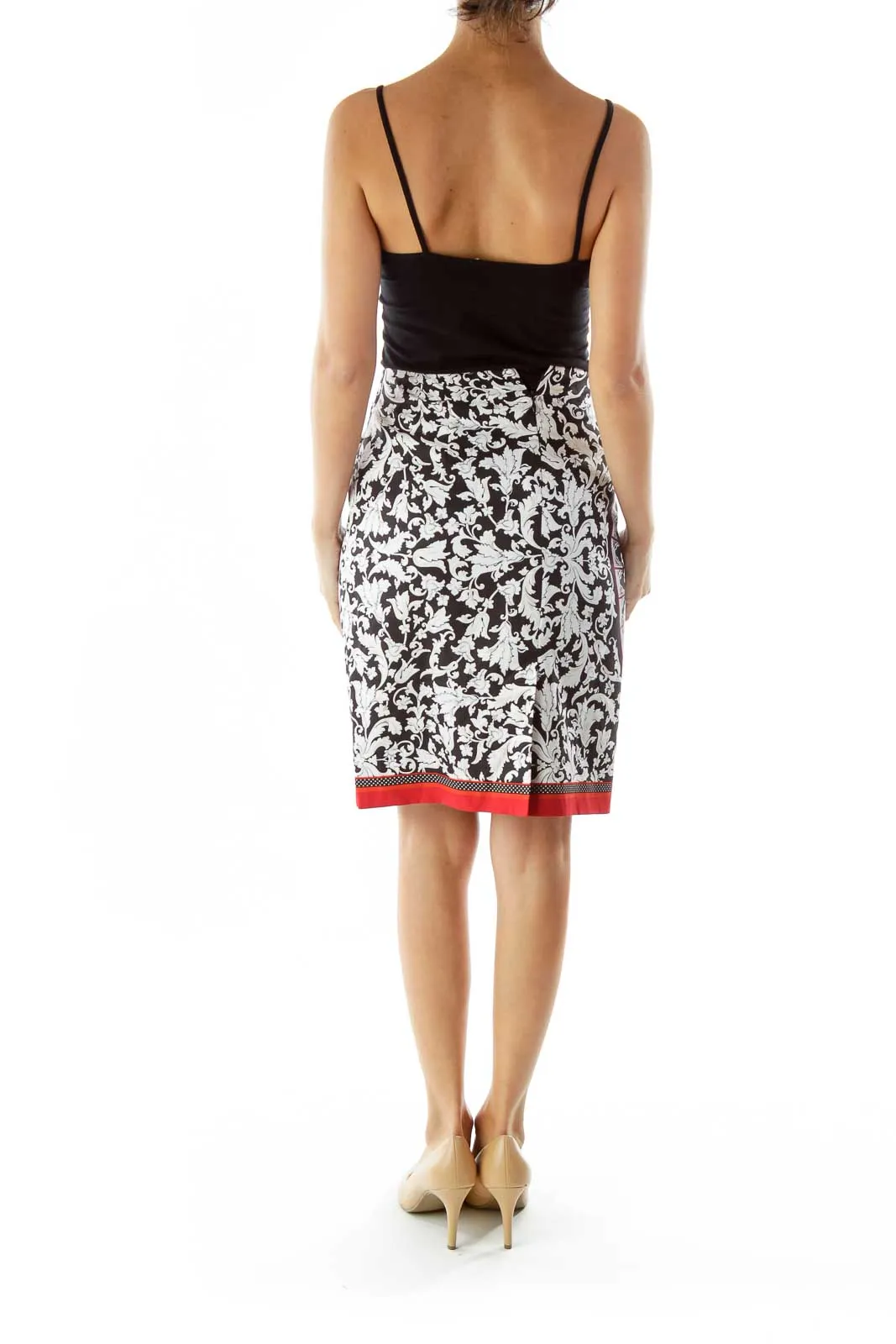 Black/Red Printed A Line Midi Skirt