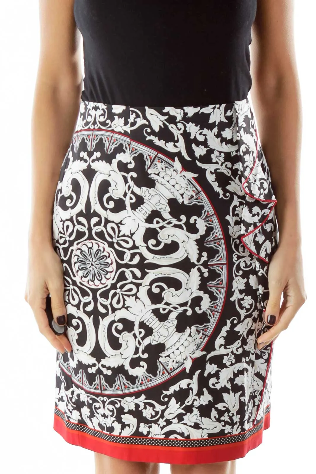 Black/Red Printed A Line Midi Skirt