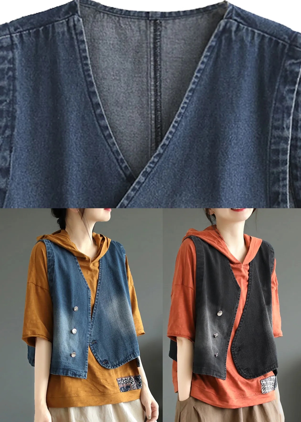 Blue V Neck Asymmetrical Denim Coats Sleeveless