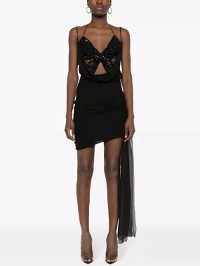 Butterfly-Embellished Draped Silk Mini Dress in Black